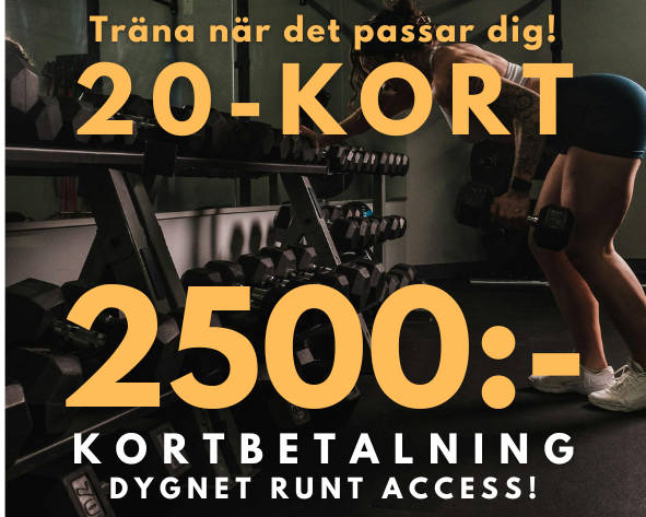 20-KORTET ger full access till vårt gym vid 20 träningstillfällen.

Ingen bindnings- eller uppsägningstid. Kortet är giltigt i två år.