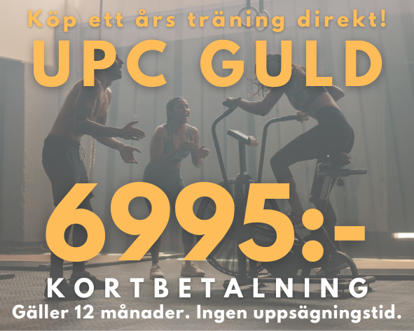 UPC GULD ger full access till vårt gym och alla gruppträningspass dygnet runt. 
12 månaders bindningstid där du kan frysa kortet under max två månader.
