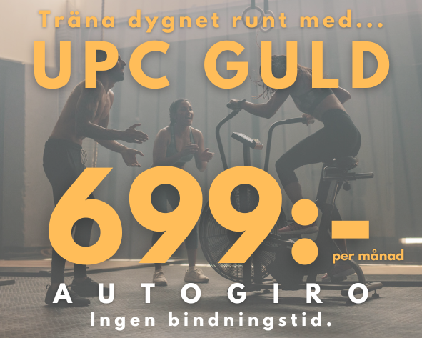 UPC GULD ger full access till vårt gym och alla gruppträningspass dygnet runt. 
Ingen bindningstid. Frysbart under max två månader. 3 månaders uppsägningstid.