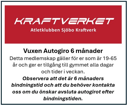 Detta medlemskap gäller för er som är mellan 19-65 år och ger er tillgång till gymmet alla dagar och tider i veckan.
Observera att det är 6 månaders bindningstid och att du behöver kontakta oss om du önskar avsluta autogirot efter bindningstiden.