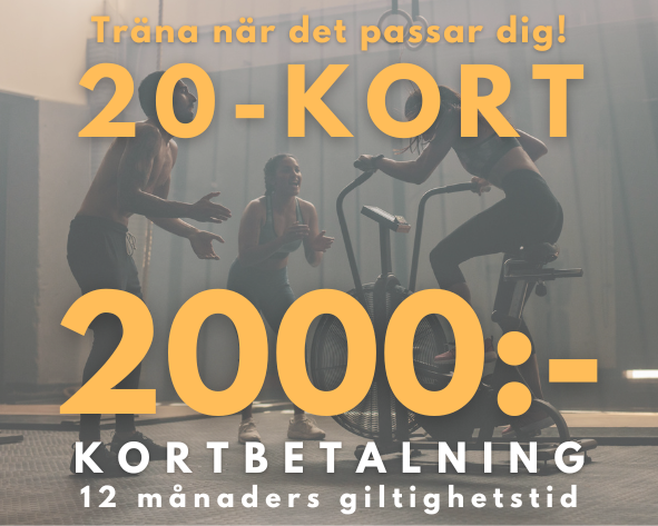 20-KORTET ger full access till vårt gym vid 20 träningstillfällen.

Ingen bindnings- eller uppsägningstid. Kortet är giltigt i två år.