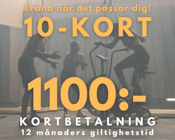 10-KORTET ger full access till vårt gym och våra gruppträningspass vid tio träningstillfällen.

Ingen bindnings- eller uppsägningstid. Kortet är giltigt i ett år.