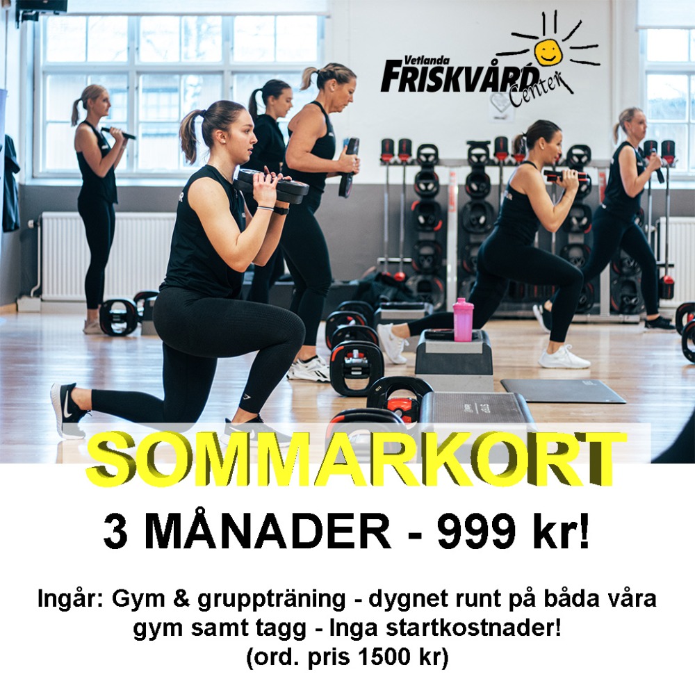 Sommarkortet. Träna på båda våra gym, Fabriksgatan och Hydro Arena, när du vill för endast 999 kr,  tagg och gruppträning ingår!
(Ordinarie pris: 1500 kr)
Du får träna på obemannade tider från det året du fyller 15 år.
Ditt träningskort och ev. tagg hämtar du ut på bemannade tider på Fabriksgatan senast 4 dagar efter lagd order. 
Kortet gäller i tre månader oavsett när du tecknar det. Sista datum att köpa är 30 juni 2025.
Bättre blir det inte! 
Välkommen och träna med oss i sommar!