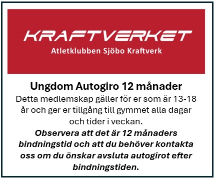 Detta medlemskap gäller för er som är mellan 13-18 år och ger er tillgång till gymmet alla dagar och tider i veckan.
Observera att det är 12 månaders bindningstid och att du behöver kontakta oss om du önskar avsluta autogirot efter bindningstiden.