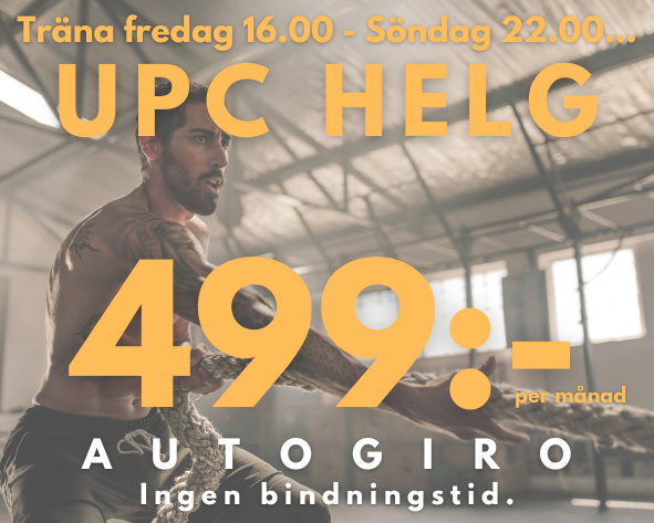 UPC HELG är kortet för dig som gillar träna på helgerna. Du får tillgång till gymmet från fredag 16.00 till söndag 22.00.

Ingen bindningstid. Frysbart under max två månader. 3 månaders uppsägningstid.