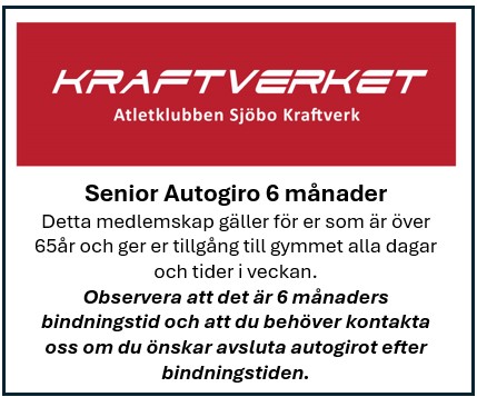 Detta medlemskap gäller för er som är över 65år och ger er tillgång till gymmet alla dagar och tider i veckan.
Observera att det är 6 månaders bindningstid och att du behöver kontakta oss om du önskar avsluta autogirot efter bindningstiden.