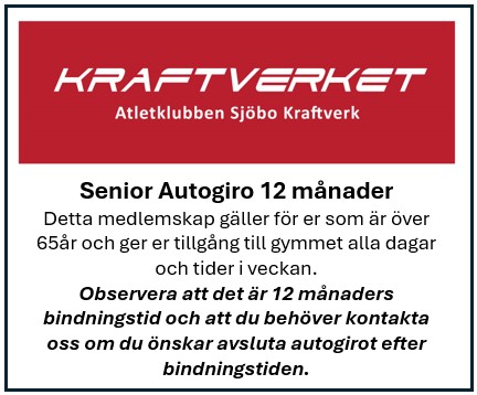 Detta medlemskap gäller för er som är över 65 år och ger er tillgång till gymmet alla dagar och tider i veckan.
Observera att det är 12 månaders bindningstid och att du behöver kontakta oss om du önskar avsluta autogirot efter bindningstiden. 