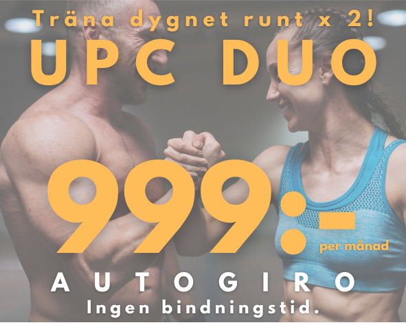 UPC DUO är kortet för dig och din träningskompis som ger full access till vårt gym dygnet runt.
Ingen bindningstid. Frysbart under max två månader. 3 månaders uppsägningstid.
